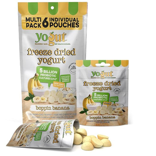 YoGut Freeze Dried Yogurt Snack, Banana, 6 Pk, Healthy Snacks for Kids, Toddlers & Adults, Gluten Free, Non GMO, With 5 Billion Live Probiotics, Vitamins & Minerals, Individual Snack Packs