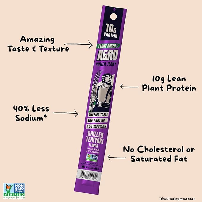 AGRO POWER Vegan Jerky Sticks ??Grilled Teriyaki Flavor ??7-Stick Bag of Plant-Based Jerky with 10g Protein ??Non-GMO, Low Sodium, High Protein Vegan Snack ??Vegetarian Meat Alternative
