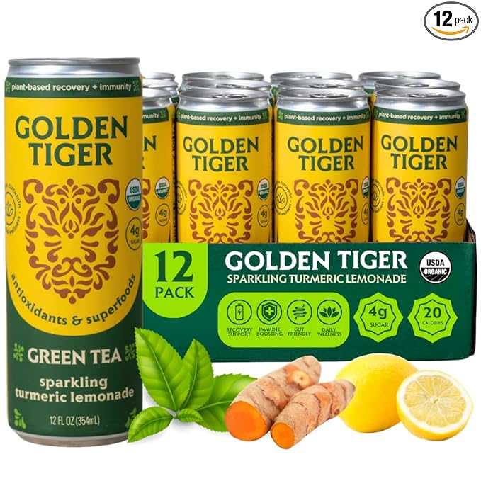 Golden Tiger Turmeric Sparkling Lemonade, Green Tea 12-Pack ??Curcumin & Ginger for Inflammation ??Sparkling Wellness Drink with Organic Superfoods + Antioxidants for Recovery, Immunity, Gut Health - 4g Sugar, 20 Calories