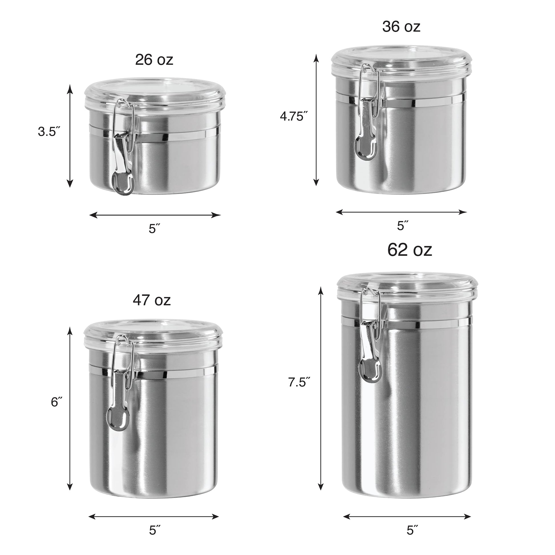 Oggi Set of 4 Stainless Steel Kitchen Canisters - Airtight Clamp Lid, Clear See-Thru Top - Ideal