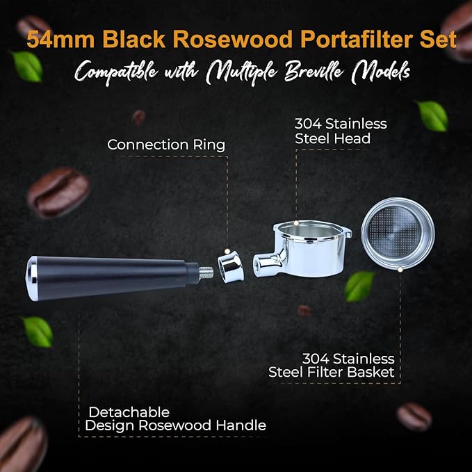 54mm Bottomless Portafilter 3 Ears Black Rosewood Handle Set??Fits Breville Barista Express, Bambino, Impress, Duo Temp Pro and Infuser ??Includes 18g Filter Basket & 1.7mm Puck Screen