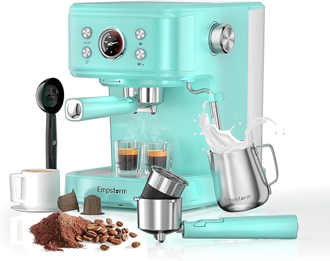 Espresso Machine Latte Coffee Makers 20 Bar, 2 IN 1 Professional Cappuccino Machine and Milk Frother Steam Wand Compatible for NS Original Capsules for Home Brewing - Blue
