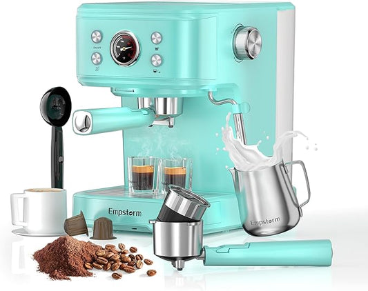 Espresso Machine Latte Coffee Makers 20 Bar, 2 IN 1 Professional Cappuccino Machine and Milk Frother Steam Wand Compatible for NS Original Capsules for Home Brewing - Blue
