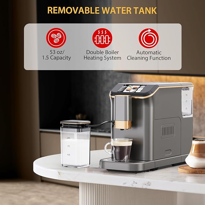 Fully Automatic Espresso Machine with Smart TFT Touchscreen, Brewing System and Automatic Milk Frothing System, 6 One-Touch Programs, 1.5L Detachable Water Tank for Home/Office Use, Gray&Gold