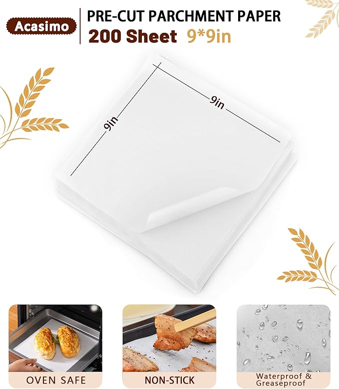 200PCS Parchment Paper Sheets, 9x9in, Squares Baking Paper for Baking, Air Fryer, Steaming, Grilling, Roasting, Wrapping, Precut Non-Stick Square Pan Liners, Oven Paper for Bread (White, 9x9 in)