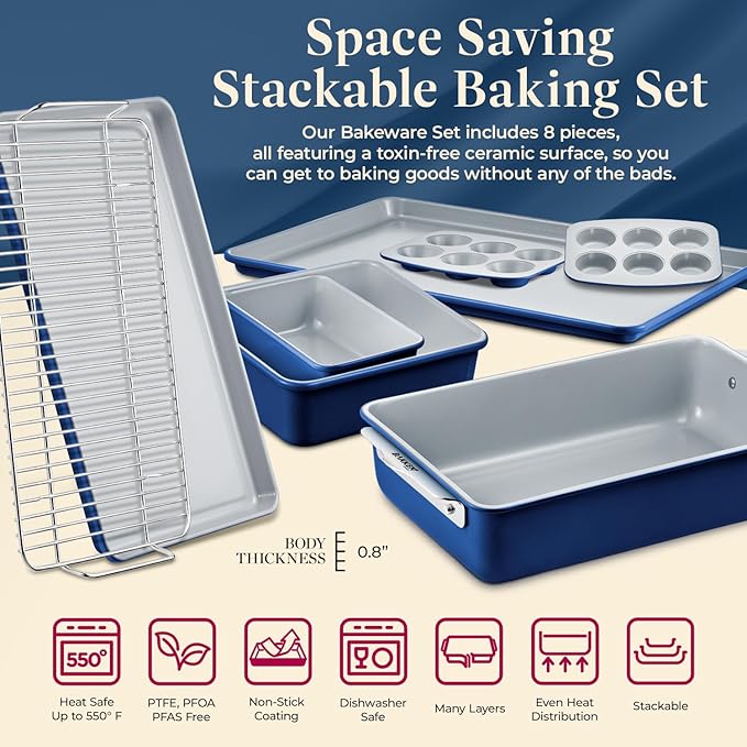 Bakken 8-Piece Stackable Bakeware Set - Ceramic Non-Stick Coating, Baking Sheets, Assorted Baking Pans, PTFE, PFOA & PFOS Free - Healthy Baking, Ergonomic Handles, Cooling Rack, Non-Toxic, Oven-Safe