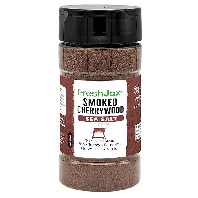 FreshJax Smoked Cherrywood Sea Salt | 10 oz Shaker Bottle | All-Natural Gourmet Smoked Sea Salt | Non-GMO, Gluten-Free, Vegan, Keto, Paleo | Bold Smoky Flavor for Meat, Veggies, Popcorn & Cocktails