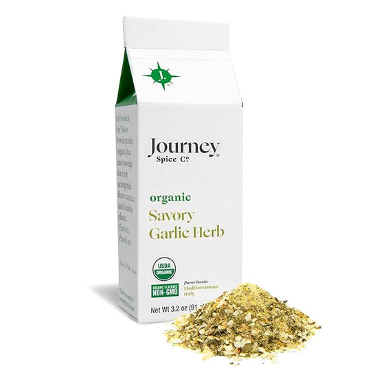 Organic Savory Garlic Herb Seasoning by Journey Spice Co. | Salt-Free, Sugar-Free, Non-GMO, MSG-Free | Natural Mediterranean Italian-Inspired Spice Herb Blend for Garlic Bread, Potatoes, Veggies, Dinner Rolls, and More. | 3.2 oz. | Resealable/Reusable Cap