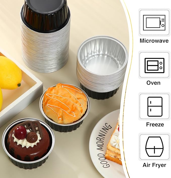 Gejoy 400 Pcs Aluminum Foil Baking Cups with Lids 5 oz Disposable Ramekins Mini Cake Pans Creme Brulee Cupcake Liners Muffin Tins Flan Mold Dessert Container for Wedding(Black,Classic)