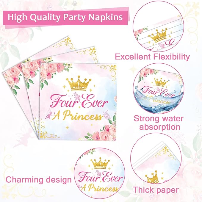 96Pcs Four Ever a Princess Plates and Napkins Girl 4th Birthday Party Decorations Royal Pastel Castle Dessert Disposable Plates Pink & Gold Tableware Set for 24 Guests Floral Fairytale Party Supplies