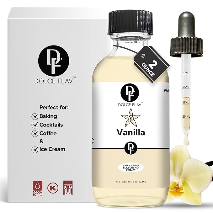 Dolce Flav Vanilla Extract ??2 Ounce Water-Soluble Kosher, Sugar-Free, Concentrated Vanilla Flavoring for Baking, Cookies & Desserts, Includes Measured Dropper