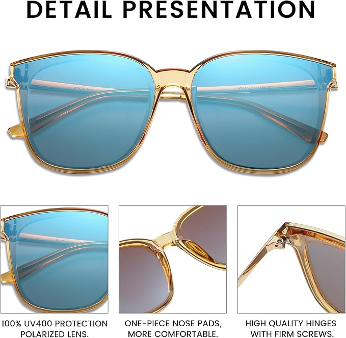 DUCO Oversized Polarized Sunglasses Womens Trendy Mirrored Shades Retro Round Vintage Light Weight UV400 Sun Glasses W016
