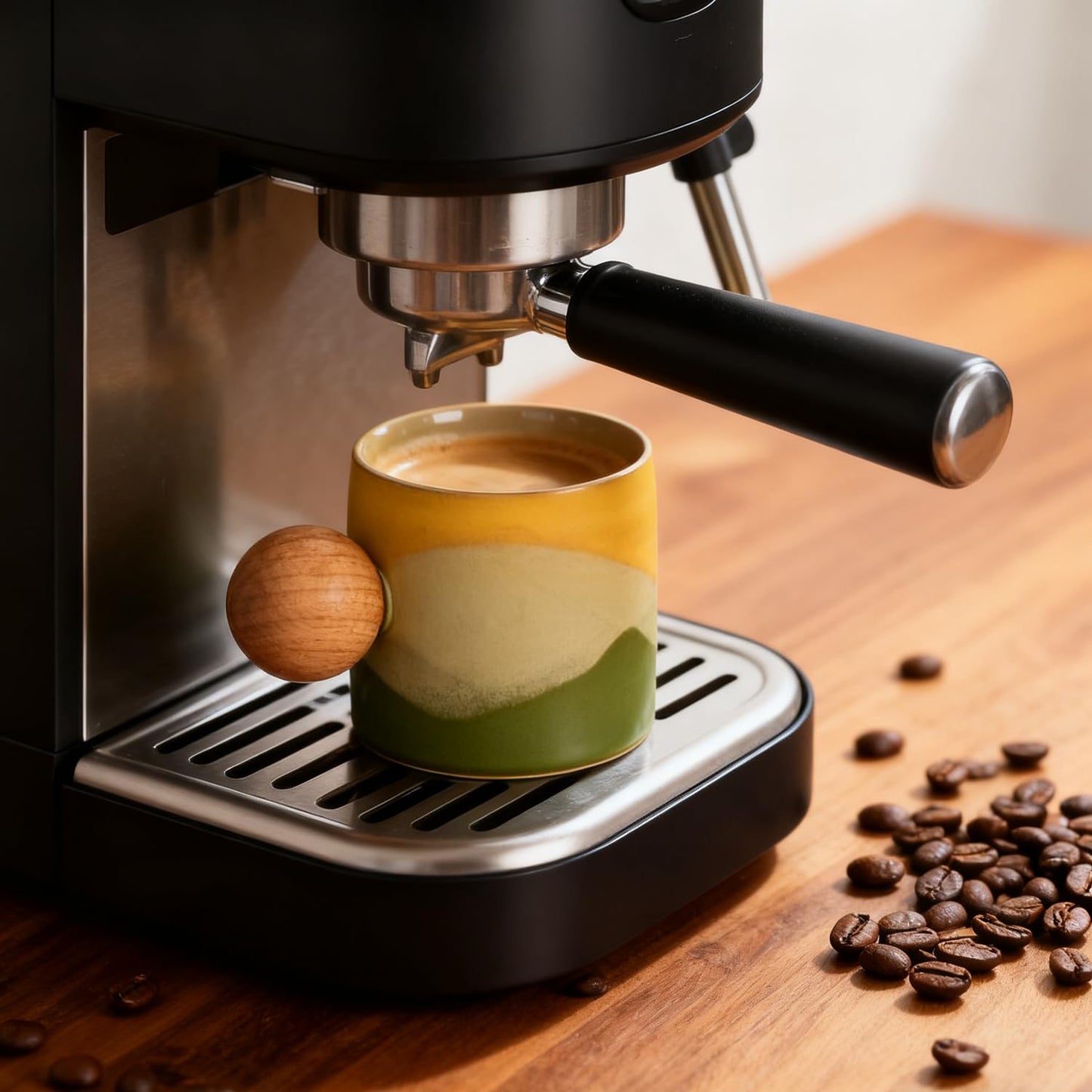 ZPGXLRZ 2.4oz Ceramic Espresso Cups Set of 4, Small Coffee Cups with Wooden Handle, Gradient Color