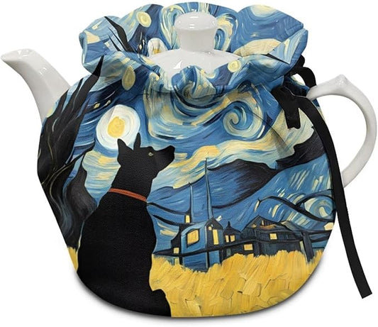 Starry Night Dog Oil Painting Breakfast Pot Cover Dust Proof Insulated Teapot Cover Keep Teapot Warm Not Easy to Pilling and Not Easy to Fade