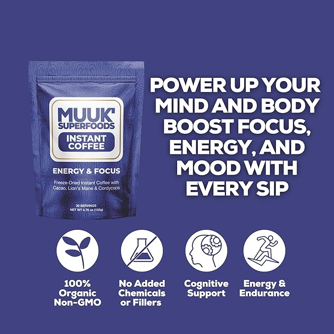 MUUK' SUPERFOODS | Energy & Focus Mushroom Coffee | Organic Freeze-Dried Instant Coffee with Cacao, Cordyceps & Lion’s Mane Mushroom Powder | 4.7oz (135g) 30 Servings