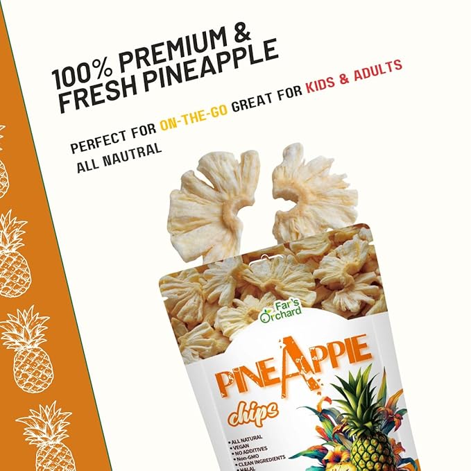 Far???츾rchard Pineapple?츮hips ??4?츿ack (2?칚z Resealable Bags), Sweet & Tangy Crunchy Fruit Snack, Vegan, Non GMO, No Additives