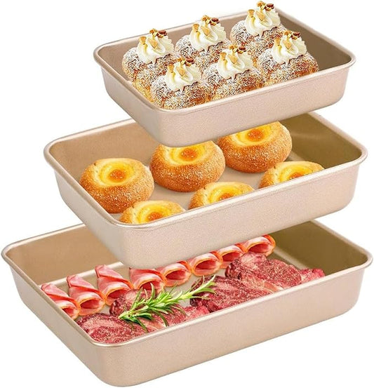 AMAGABELI GARDEN & HOME Nonstick Deep Baking Pans for Oven Tray Cake Carbon Steel Pan Baking Sheets Set of 3 Rectangle Bakeware Set for Cake Lasagna Brownie Casserole Cookie Cooking (9''/10''/13'')