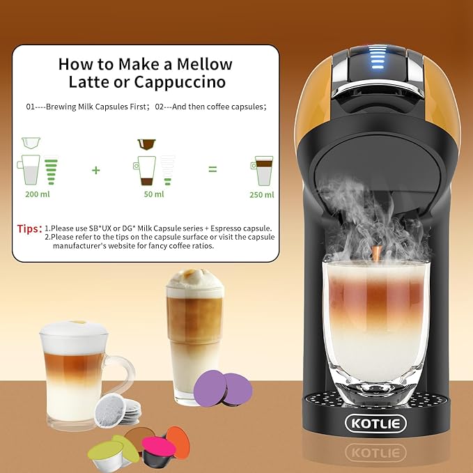 KOTLIE Espresso 5in1 Single Serve Coffee Maker, 19Bar Cappuccino&Latte Maker, Cold&Hot Brewing Coffee Machine for K*cup/NES*presso Original/D*olce G*usto/Ground Coffee/44mm ESE(Yellow)
