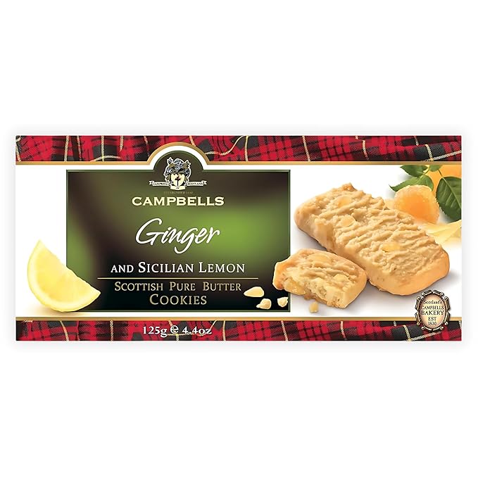 Campbells Shortbread with Stem Ginger & Sicilian Lemon 4.41 Oz (Pack of 3) - Pure Butter Scottish Shortbread Cookies from Scotland, Ginger Lemon Cookies, Gourmet British Tea Biscuits & Gift Box