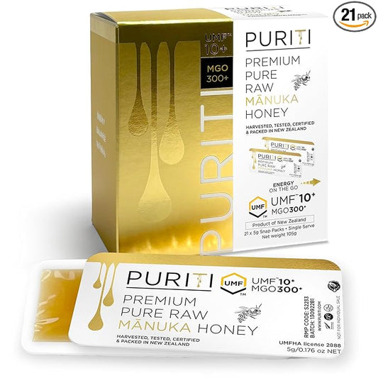 PURITI Genuine Raw Manuka Honey Snaps On The Go - UMF 10+ (MGO300+) 21 x 0.18oz Individual Snap Packets, Single Serve Honey Sticks for Tea, Travel & Snacks, Certified, Made in New Zealand