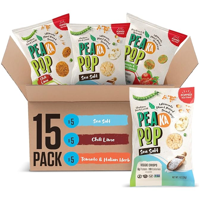 PeaKaPop Veggie Chips ??Plant-Based, Healthy Veggie Crisps with Pea, Lentil & Chickpea Protein ??Vegan, Gluten-Free, Popped Chips ??Snack Size for Kids & Adults ??1 oz Bags (15-Pack) ??Variety Pack 2