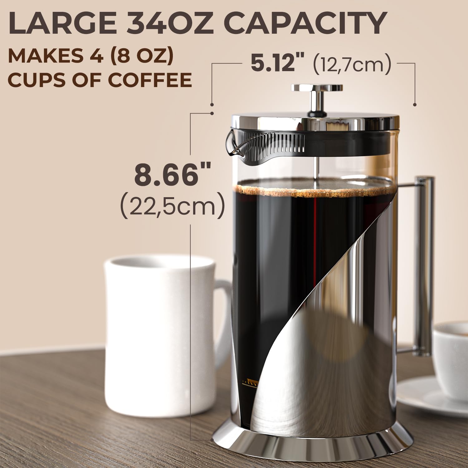 Cafe Du Chateau French Press Coffee Maker, 34 oz Glass, Stainless Steel