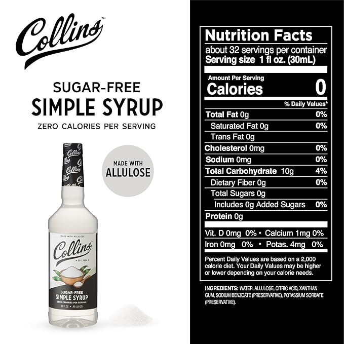 Collins Sugar Free Simple Syrup For Drinks, Allulose Coffee Syrups, Low Carb Cocktail Sweetener Keto 32oz. Set of 1