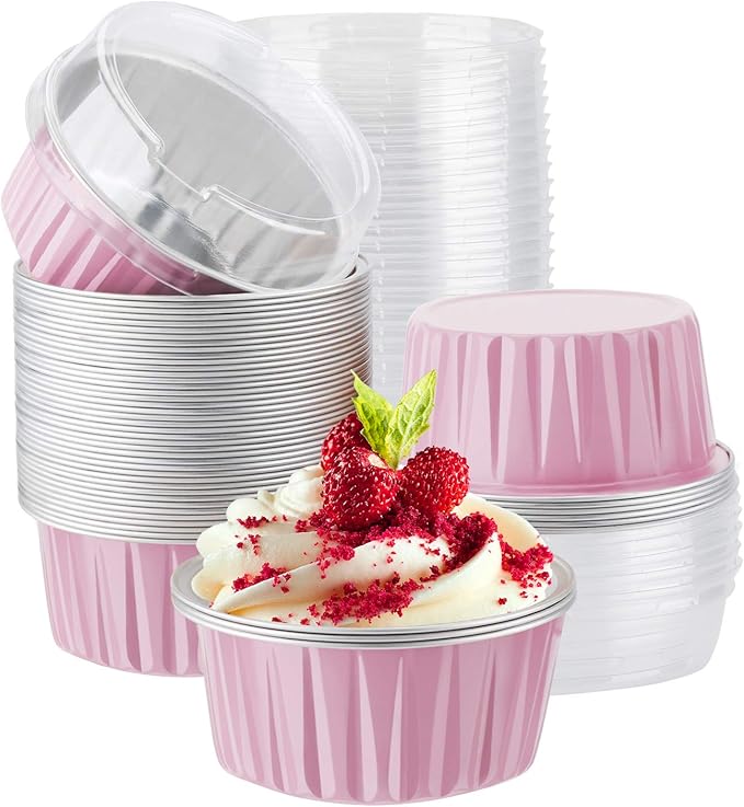 EUSOAR Foil Baking Cups, 50pcs 5oz 125ml Muffin Liners Cups with Lids, Disposable Aluminum Cupcake Ramekins Pans Baking Cup Holders Liners for Wedding Birthday Party