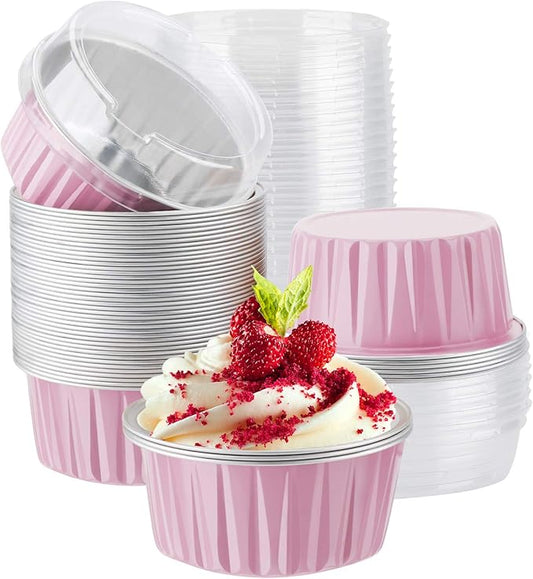 EUSOAR Foil Baking Cups, 50pcs 5oz 125ml Muffin Liners Cups with Lids, Disposable Aluminum Cupcake Ramekins Pans Baking Cup Holders Liners for Wedding Birthday Party