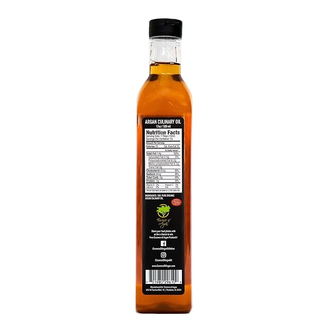 Essence of Argan Organic Edible Moroccan Argan Oil for Cooking 17 Ounces - USDA Approved, Eco-Certified Organic Argan Oil with Rich Nutrients - Premium Culinary Oil & Keto Dressing with Toasted Nutty Flavor