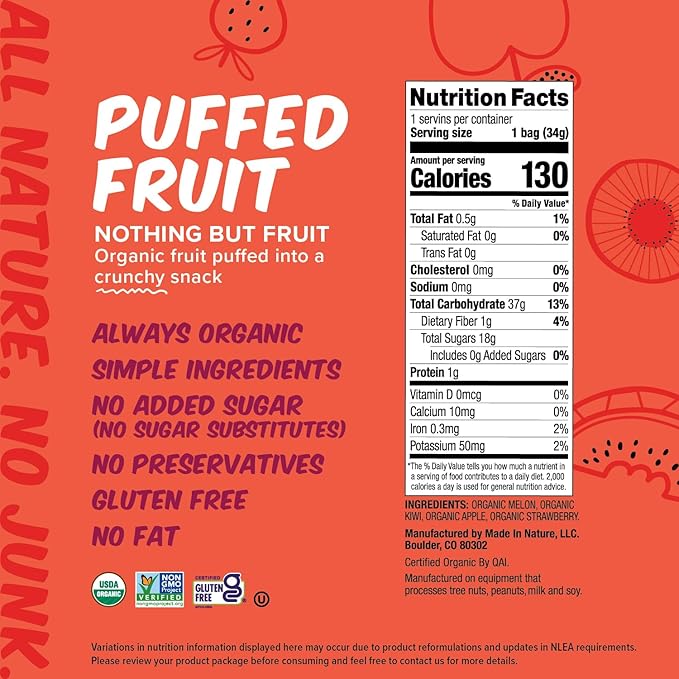 Made In Nature Organic Puffed Fruit Medley, 1.2 Ounce (Pack of 6) ??Fruit Variety Pack, Vegan Snack, Non-GMO, Gluten Free