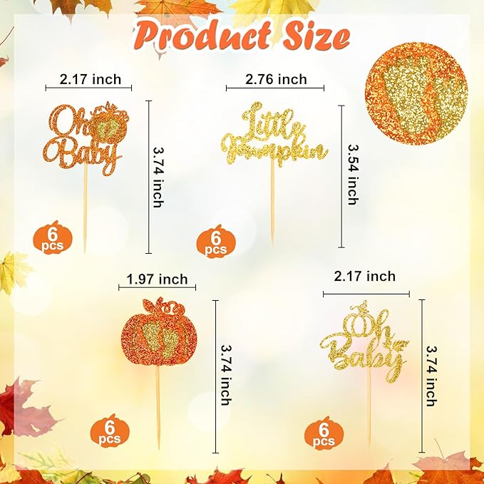 24pcs Pumpkin Cupcake Toppers Glitter Baby Cupcake Picks for Thanksgiving Themed Baby Shower Birthday Cake Decorations Party Supplies
