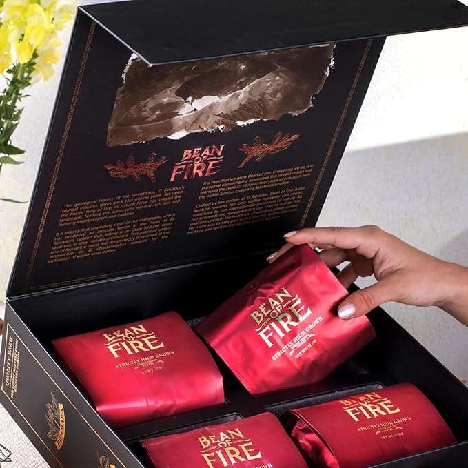 Bean of Fire Specialty Ground Coffee | Exotic Variety Box | 100% Made in El Salvador | Gourmet Quality | Medium Roast | 4 Premium Varieties | Luxury Coffee Gift | 48 oz