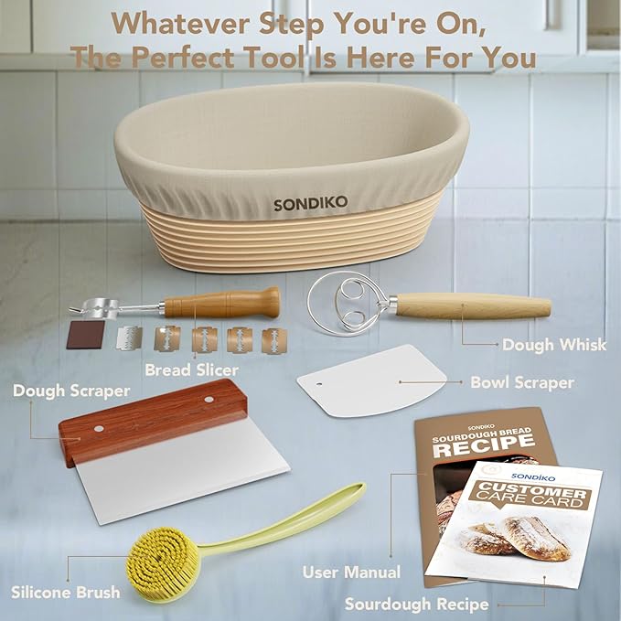 Sondiko Sourdough Starter Kit, Sourdough Bread Baking Supplies, Oval Banneton Bread Proofing Basket Set for Bread Making Tools Supplies, Gifts for Bakers
