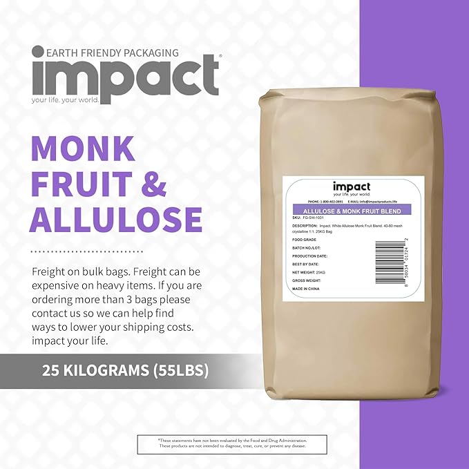 Impact - Monk Fruit Allulose Sweetener, Crystallized Blend Sugar Substitute - Zero Calorie Low-Carb Essential for Low-Carb Recipes - 25kg