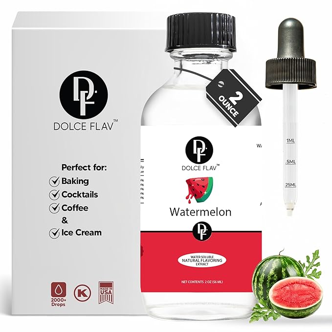 Dolce Flav Natural Watermelon Flavoring ??Sweet, Juicy Summer Fruit Taste | 2 oz Extract for Baking, Drinks & Frozen Treats | Graduated Dropper Included | Water-Soluble | Kosher | Made in USA