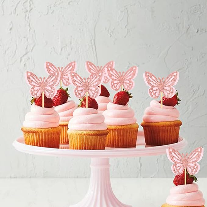 24PCS Butterfly Cupcake Toppers 3D Double Layers Hollow Cupcake Picks Baby Shower Cake Decorations Supplies for Butterfly Theme Wedding Anniversary Baby Shower Light Pink