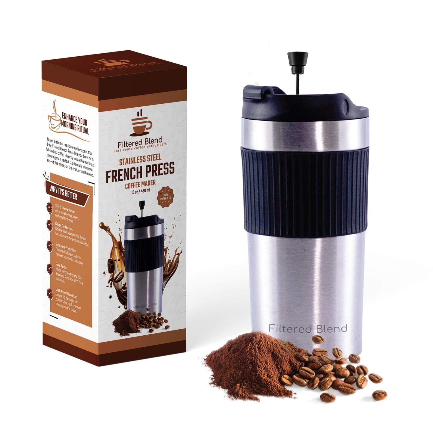 15oz Stainless Steel Travel French Press, Insulated Coffee Tea Mug, Silver