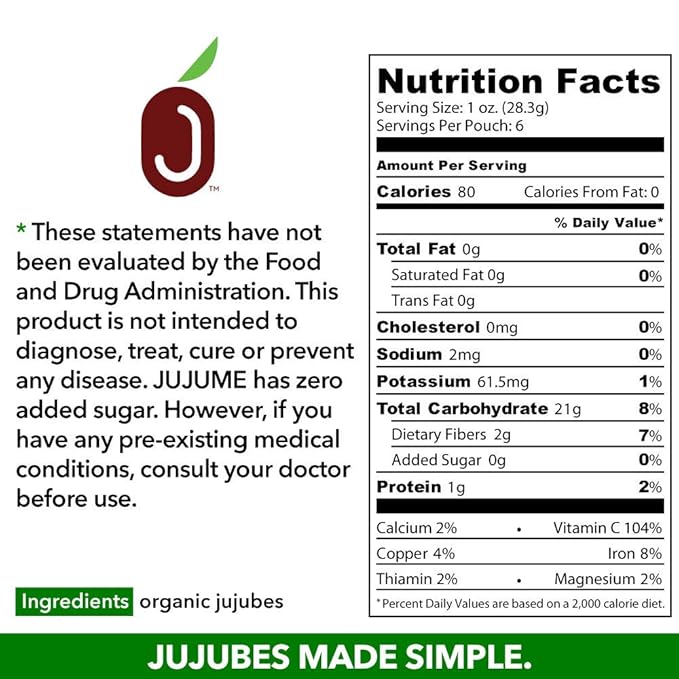 JUJUME | USDA Organic California Grown Jujubes Red Dates | Individually Sorted 3X for QA | High Grade Superfood | Healthy Dried Fruit | Certified All-Natural Non-GMO | 4-pack 6 oz bags