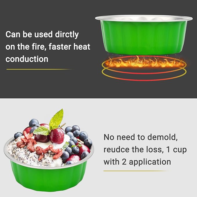 Beasea Disposable Ramekins 8oz, 50 Pack Foil Cups with Lids Cupcake Cups Grass Green Aluminum Foil Cups Creme Brulee Muffin Cupcake Baking Cup Mini Pudding Cake Tins for Party Wedding Birthday