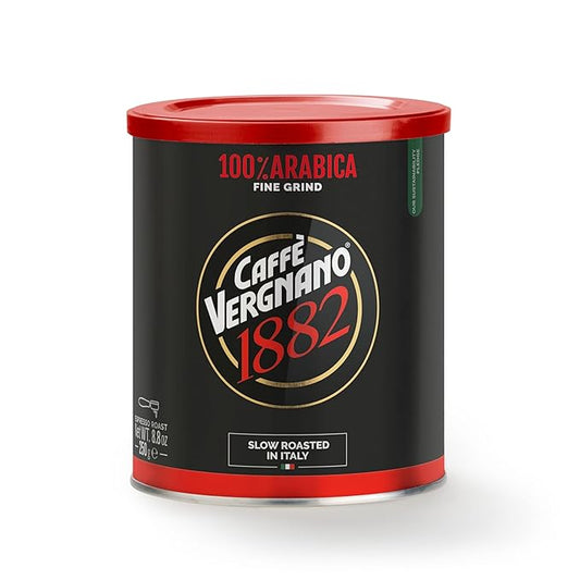 Caffì±?Vergnano Italian Finely Ground 100% Arabica Espresso Coffee ??Intensity 6, Delicate & Subtly Fruity Flavor Blend, Slow Roasted with Notes of Milk Chocolate, Caramel & Nuts, 8.82 oz Tin