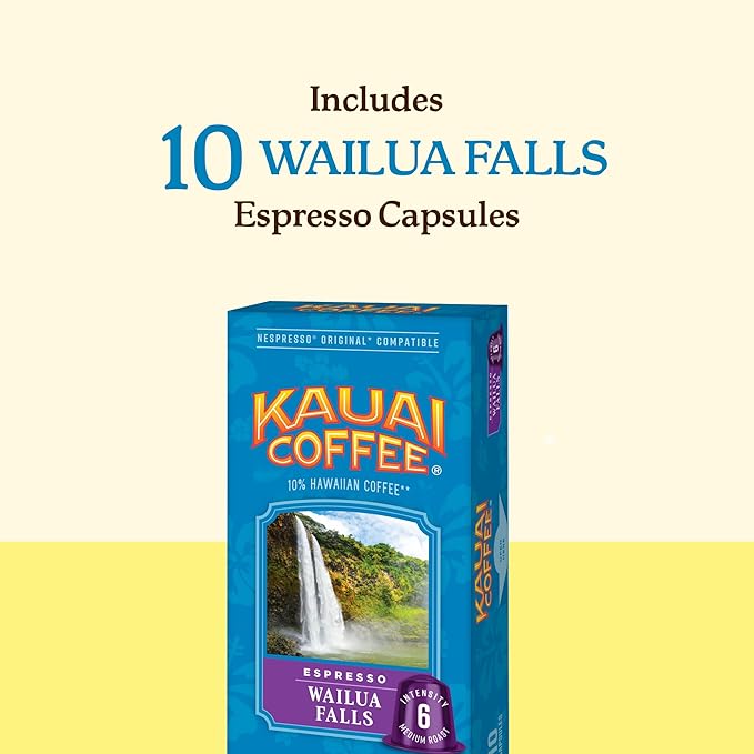 Kauai Coffee Espresso Pods Compatible with Nespresso Original Coffee Makers – Arabica Coffee, 10% Hawaiian – Medium Roast, Floral Notes & Smooth Finish – Wailua Falls, 1 Pack of 10 Espresso Pods
