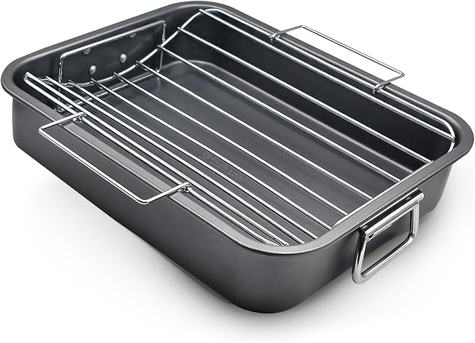 Roasting Pan With Rack 11" x 15" - Non Stick Large Roaster Pan and V-rack with foldable handles - Roasting Pans for Ovens to Elevate Food for Even Heating - Dishwasher Safe Turkey Roast Pot