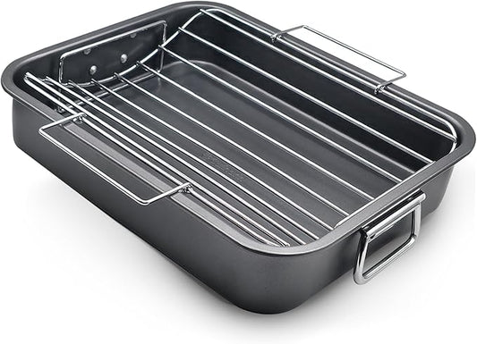 Roasting Pan With Rack 11" x 15" - Non Stick Large Roaster Pan and V-rack with foldable handles - Roasting Pans for Ovens to Elevate Food for Even Heating - Dishwasher Safe Turkey Roast Pot