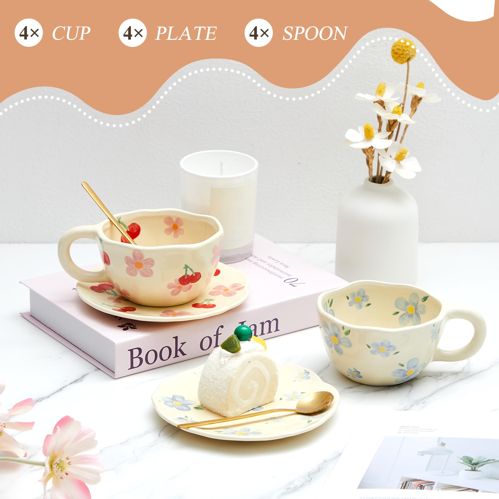 Vesici 4 Set Ceramic Coffee Mug Set with Saucer and Spoon Cute Mothers Day Gifts for Mom 8.5 oz