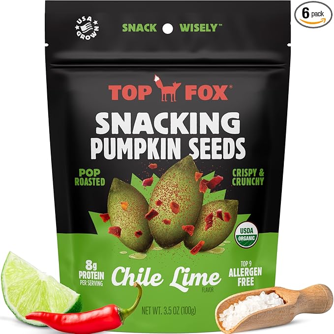 Top Fox Snacks Pumpkin Seeds to Eat (Chile Lime, 3.5 oz – 6 Pack) - Gluten Free Snacks, Healthy Protein Snacks, Keto Friendly Snacks, Allergen Free Snacks, Paleo & Vegan - Organic Pop-Roasted