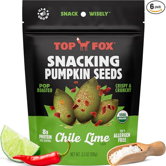 Top Fox Snacks Pumpkin Seeds to Eat (Chile Lime, 3.5 oz – 6 Pack) - Gluten Free Snacks, Healthy Protein Snacks, Keto Friendly Snacks, Allergen Free Snacks, Paleo & Vegan - Organic Pop-Roasted
