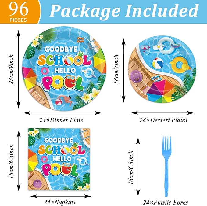 96Pcs Goodbye School Hello Pool Plates and Napkins End of School Year Party Decorations School's Out Pool Dessert Disposable Plates Summer Tableware Set for Graduation Preschool Party Supplies