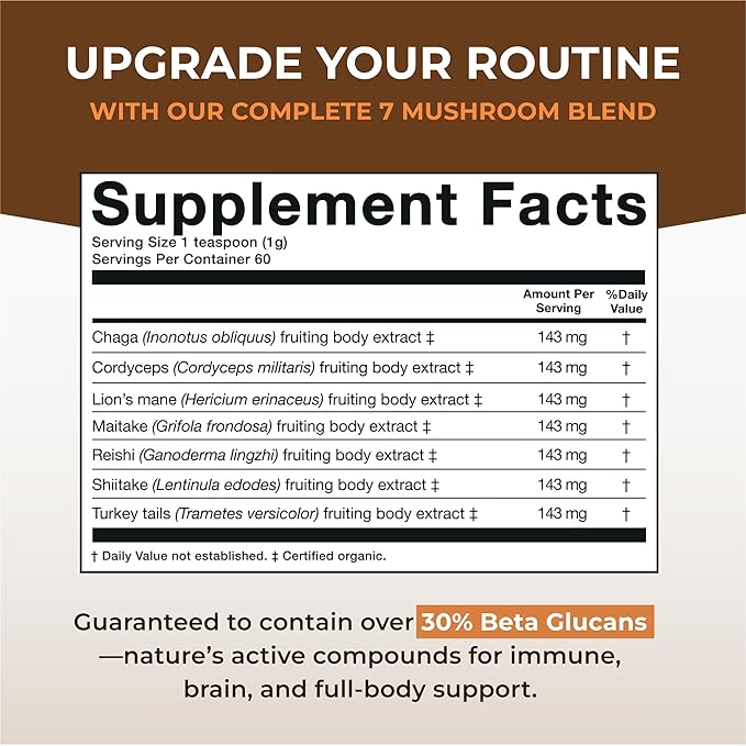 Sacred 7 Organic Mushroom Supplement ??100% Fruiting Body Extract Powder with Lions Mane, Reishi, Chaga & More | Nootropic & Immune Support for Coffee, Tea, Smoothies ??60 Servings