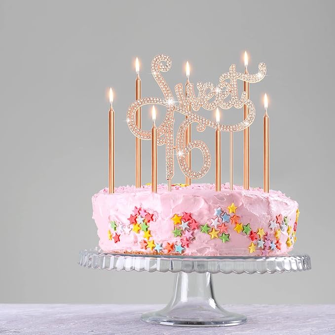 Tondiamo Sweet 16 Birthday Decorations Rhinestone Sweet 16 Cake Toppers 20 Pcs Metallic Happy Birthday Candles 16 Cake Decorations for Cupcake Decor(Rose Gold)